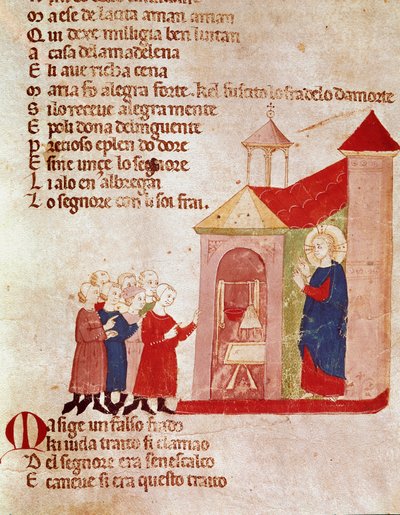 Jesús en casa de María Magdalena (Miniatura de “Del novo e del vedre testamento” de Pietro da Barsegape, siglo XIII) siglo XIV Milán, Biblioteca Braidense de Italian School