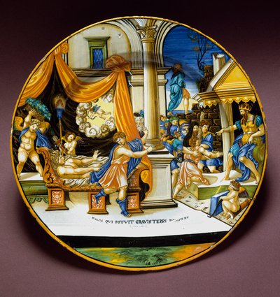 José y la esposa de Putifar. José huyendo de la esposa de Putifar que intenta seducirlo. Plato de cerámica producido en Urbino, Italia. Alrededor de 1537 Florencia, Museo Nacional del Bargello de Italian School