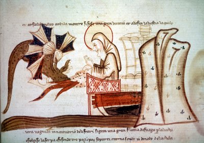 Viaje de San Brandán - Encuentro de San Brandán (Brandan), monje navegante del siglo VI con un monstruo marino volador. Manuscrito Venecia, segunda mitad del siglo XIV París, BNF, Manuscritos, Italiano 1708, f. 16 de Italian School
