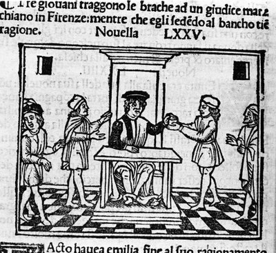 Escena de juicio en Florencia. Ilustración para la novela 75 (Novela 5 del octavo día) del “Decamerón” de Giovanni Boccaccio (1313-1375), escritor italiano. Grabado en “Decamerone ouer Cento novelle” Venecia, Bartolomeo de 