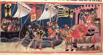 Julio César (100-44 a.C.) desembarcando en Inglaterra, de Le Vite di Dodici Cesari por Gaius Suetonius Tranquillus (c.75-150) de Italian School