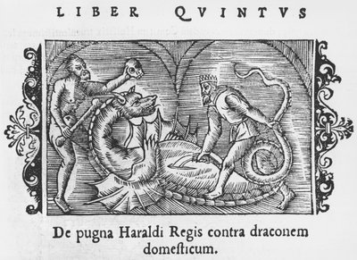 Rey Harald luchando contra un dragón, ilustración de Historia de Gentibus Septentrionalibus por Olaus Magnus, publicado en Roma, 1555 de Italian School
