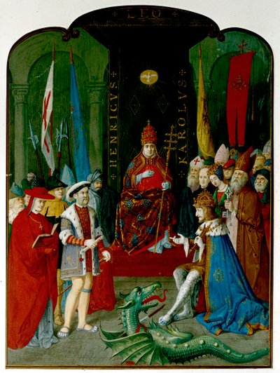 El rey Enrique VIII en disputa con el emperador Carlos V ante el Papa León X. Enrique sostiene un rollo, que puede ser la bula de 1521 que le otorga el título de 