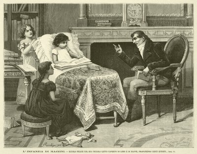 La infancia de Mazzini, feliz con su pequeña cama cubierta de libros y mapas, proponiendo ciertos cuestionamientos (grabado) de Italian School