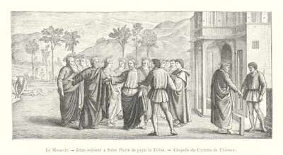 Masaccio, Jesús ordena a San Pedro pagar el tributo, Capilla del Carmine de Florencia (grabado) de Italian School