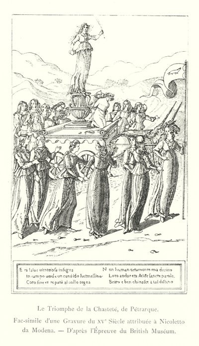 El triunfo de la castidad, de Petrarca, facsímil de una grabado del siglo XV atribuido a Nicoletto da Modena, según la prueba del Museo Británico de Italian School