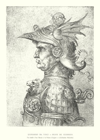 Leonardo da Vinci, busto de guerrero, facsímil de un dibujo a la punta de plata, colección Malcolm (grabado) de Italian School