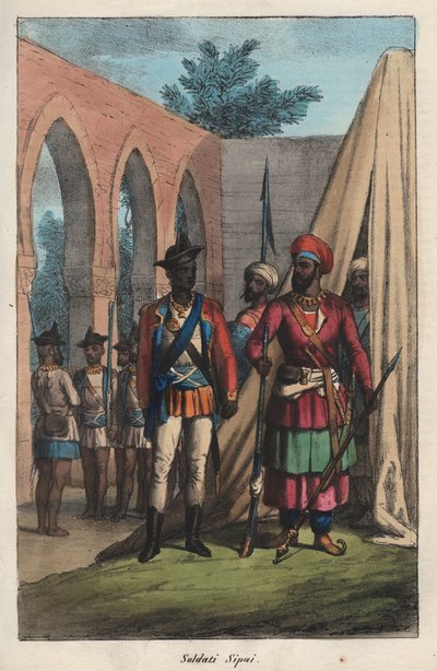 Los cipayos, ejército compuesto por indios al servicio de la Compañía de las Indias Orientales - soldado indio - grabado de “Usi e Costumi di Tutti i Popoli dell