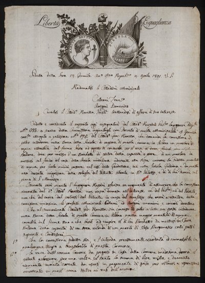 Carta en italiano, con una representación de la cabeza de Bruto el joven, una mano ardiente que representa a Cayo Mucio Escévola, y el lema de la Revolución Francesa de Italian School