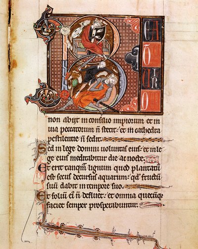 Letra B decorada con la representación del Rey David tocando el salterio y que adorna a Goliat. Página del manuscrito 