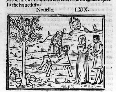 Lidia, una esposa adúltera, es sorprendida por su esposo en los brazos de Pirro. Ilustración para la noticia 69 (Nueva 9 del séptimo día) del 