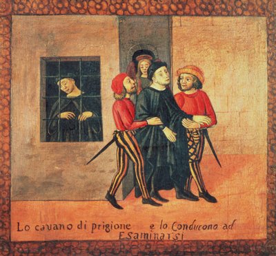 Vida de Antonio di Guiseppe Rinaldeschi - Sacado de la cárcel para ser juzgado, Escuela Florentina (óleo sobre tabla) (detalle) de Italian School