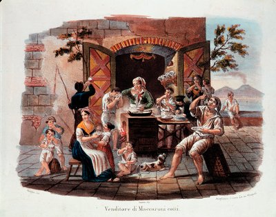 Pequeño oficio napolitano: un vendedor de macarrones cocidos. A lo lejos el Vesubio en la bahía de Nápoles. Litografía del siglo XIX. Museo Nazionale delle Paste Alimentari, Fondazione Agnesi, Roma de Italian School