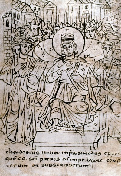 Arte lombardo: Emperador Teodosio II (401-450), nieto de Teodosio I, en el Concilio de Éfeso el 22/06/431, condenando el nestorianismo. Dibujo con pluma sobre pergamino de Italian School