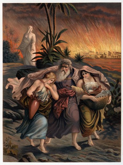 Lot escapa de la destrucción de Sodoma con sus dos hijas y su esposa se transforma en una estatua de sal - en “Aurea Bibbia classica: historia de la revelación divina en el antiguo y nuevo testamento” por Giovanni Ladislao Sykora (vol. 1), traducido de Italian School