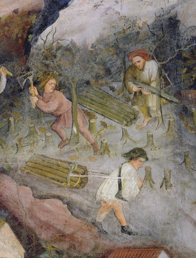 Leñadores trabajando. Tala de árboles en el bosque (fresco) de Italian School
