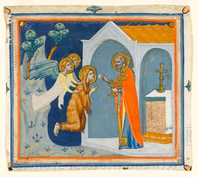 MS McClean folio 201.4 r Santa María Magdalena, en el desierto alrededor de Aix, siendo llevada por ángeles a San Maximino, quien le administra su última comunión, c.1330 de Italian School