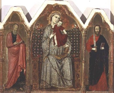 Madonna y el Niño entronizados, con San Juan Evangelista y San Pablo, Escuela de Rimini (panel de tríptico) de Italian School