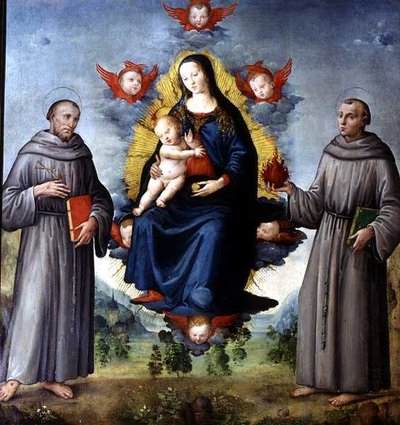 Virgen con el Niño, flanqueada por los santos Francisco de Asís y Antonio de Padua (temple sobre tabla) de Italian School