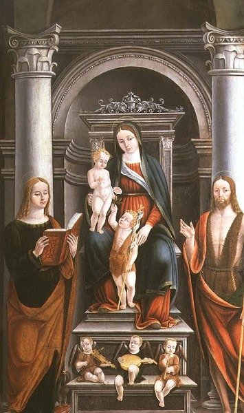 Madonna y el Niño recibiendo una rosa del infante San Juan Bautista, con santos y ángeles por M.B. (monograma) de Italian School