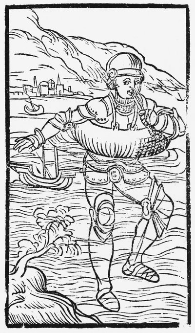 Hombre con un aro salvavidas, ilustración de Historia de Gentibus Septentrionalibus por Olaus Magnus, publicado en Roma, 1555 de Italian School