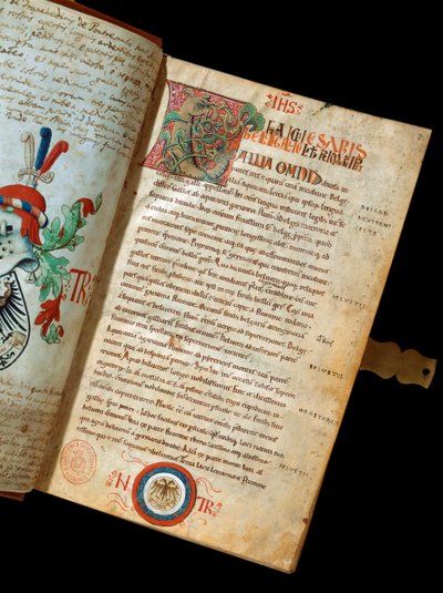 Manuscrito "Comentarios sobre la Guerra de las Galias" de Julio César (100-44 a.C.) (ms. 541) Blasón del humanista Niccolò Tranchedini, propietario del manuscrito. Siglo XIV. Biblioteca Riccardiana Nápoles de Italian School