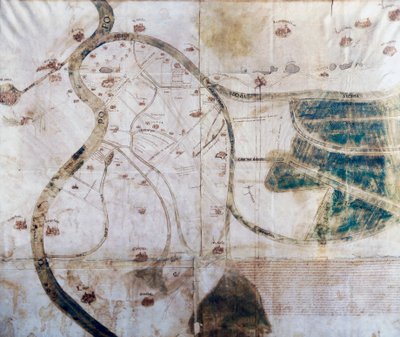 Mapa del territorio del monasterio de San Benedetto Po en la confluencia del Secchia y el Mincio en el Po, a la derecha áreas en recuperación y canales de drenaje, Italia de Italian School