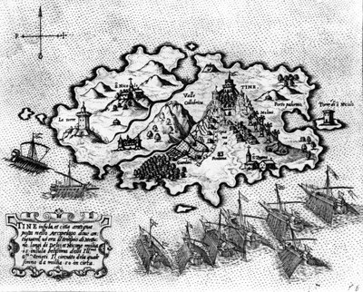 Mapa de la Isla de Tinos con la flota veneciana, siglo XVII de Italian School