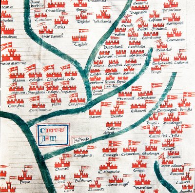 Mapa que muestra los municipios pertenecientes a la ciudad de Asti en el siglo XIII. Miniatura tomada del Codex Astensis (o Malabayla), crónicas sobre la ciudad de Asti entre 1065 y 1353. Siglo XIV. Conservado en el alcalde de Asti de Italian School