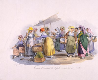Escena de mercado en Nápoles, grabado, Italia de Italian School
