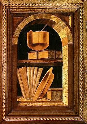 Panel de marquetería de un bodegón con libros (madera) de Italian School