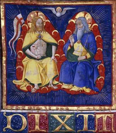 Maestro de la Vitae Imperatorum: La Trinidad, miniatura de un libro de coro iluminado sobre vitela, c.1440 (pintura y oro bruñido sobre vitela) de Italian School