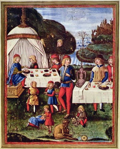 Maximiliano Sforza de niño comiendo en el jardín, ilustración de un ejemplar de "Ars grammatica" (velum) de Italian School