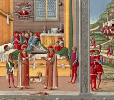 Escena de amputación medieval (temple sobre tabla) de Italian School