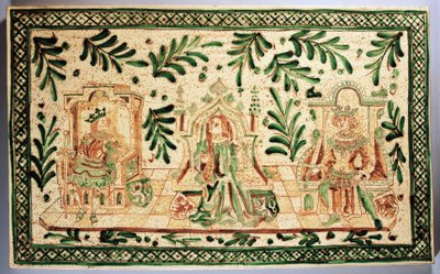 Placa decorativa de estilo medieval que representa a Constanza de Hauteville, Roger de Sicilia y Federico II de Hohenstaufen, fabricación Alessi, Caltagirone, Sicilia, Italia (cerámica) de Italian School