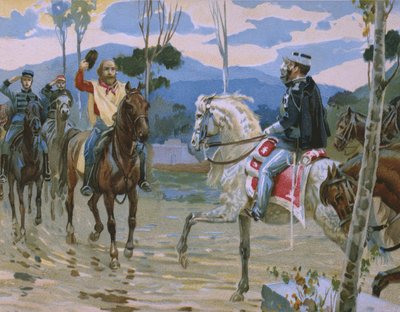 Encuentro entre Giuseppe Garibaldi y el Rey Víctor Manuel II (1820-78) el 26 de octubre de 1860 en Teano, ilustración de un álbum sobre la historia del Risorgimento hecho para el chocolate Talmone, finales del siglo XIX de Italian School