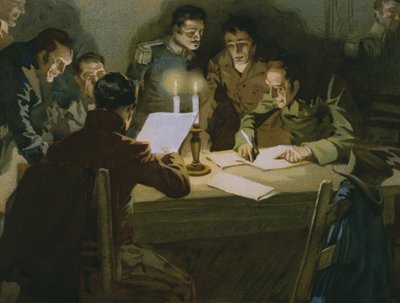 Reunión de los primeros partisanos resistiendo a los ocupantes, nacimiento de los Carbonari, ilustración de un álbum sobre la historia del Risorgimento hecho para el chocolate Talmone, finales del siglo XIX (cromolitografía) de Italian School