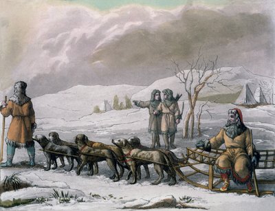 Hombres de Kamchatska, con un trineo de perros, de Costumi dei... por Giulio Ferrario, c.1820s-30s de Italian School