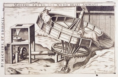 Molino movido por animales, grabado Italia de Italian School