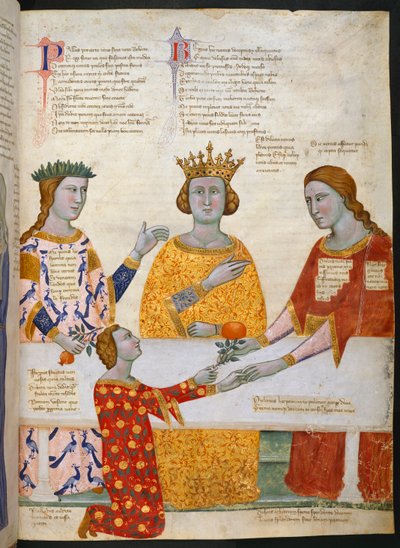 Miniatura del Juicio de París, con Palas Atenea, Juno y Venus sentados en una mesa, y París dando una rama de olivo a Venus, ilustración de 