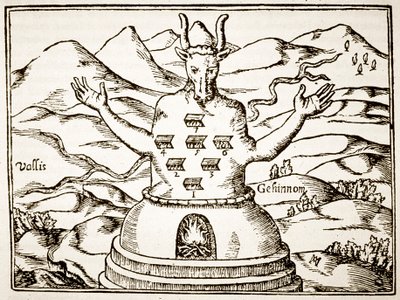 Moloch, copia de una ilustración de Oedipus Aegyptiacus por Athanasius Kirchner, Roma 1652, usado en una Historia de la Magia, publicado a finales del siglo XIX de Italian School
