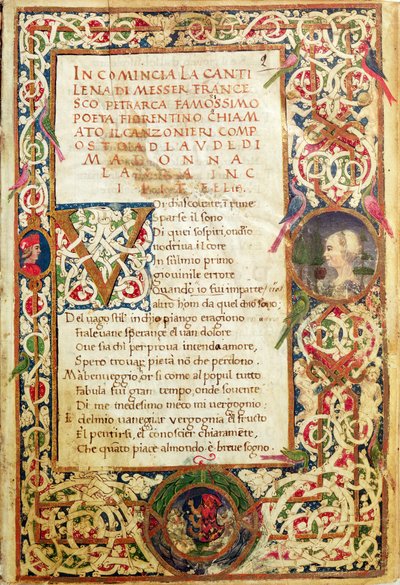 Ms.392 fol.1 Canción de alabanza a Laure, de "Sonetti, Canzoni e Triomphi" de Petrarca de Italian School