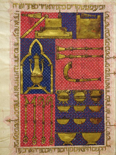 Ms.OR.26 fol.25v Instrumentos del Templo, de la Biblia hebrea (vitela) de Italian School