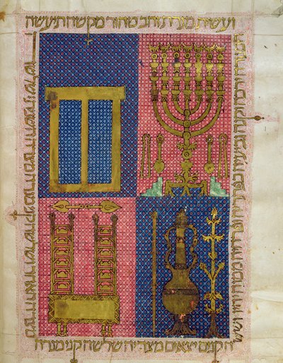 Ms.OR.26 fol.26r Instrumentos del Templo, de la Biblia hebrea (vitela) de Italian School