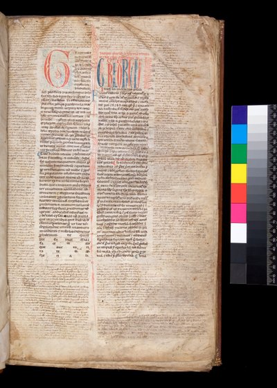 Gregorio IX, Decretales con Aparato de Bernardo Botone de Parma, inicial [G] en rojo con decoración de penwork azul de Italian School