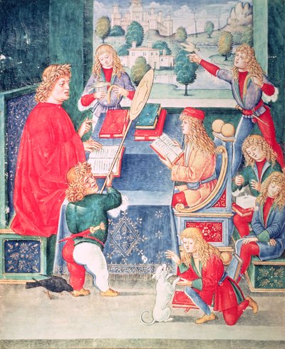 Ms 2167 f.13v Maximiliano Sforza asistiendo a sus lecciones, Lombardo, de "Donatus Grammatica" (vitela) de Italian School