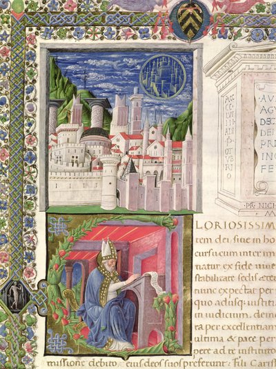 Ms 218 f.2r Vista de Roma como Ciudad de Dios, y San Agustín escribiendo, de "De Civitate Dei" de San Agustín de Hipona (354-430) 1459 (vitela) de Italian School