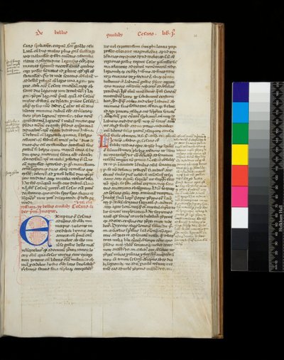 Ms 342. César, Opera, f.38r. Inicial [E] en azul con decoración de pluma en rojo de Italian School