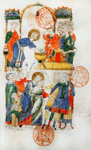 Ms 364 Jesús lava los pies de los discípulos durante la Última Cena y el beso de Judas, del Breviario de Monte Cassino de Italian School