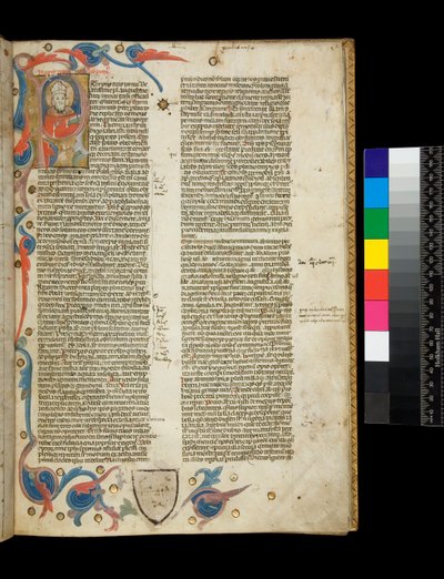 Ms 370. Orosio, Historiarum Adversum Paganos Libri Septem, f.2r. Inicial iluminada habitada [P], con retrato del autor vestido como obispo, y borde parcial con motivos foliares, Bolonia o Padua de Italian School